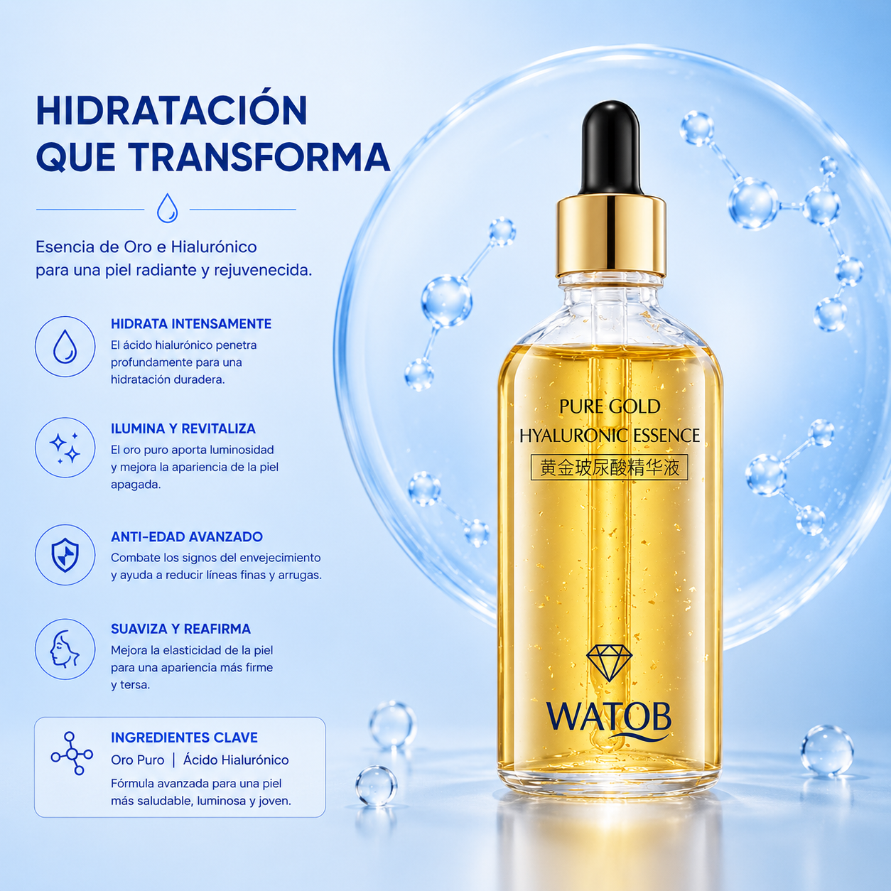 Sérum Facial Oro 24K & Ácido Hialurónico - Antioxidante natural protegiendo la piel de la radiación