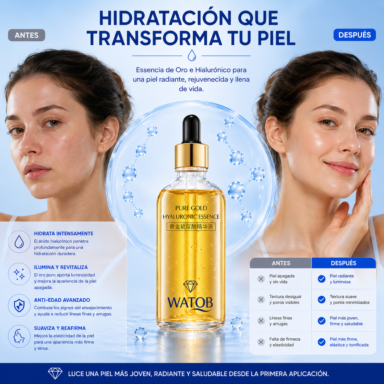 Sérum Facial Oro 24K & Ácido Hialurónico - Antioxidante natural protegiendo la piel de la radiación