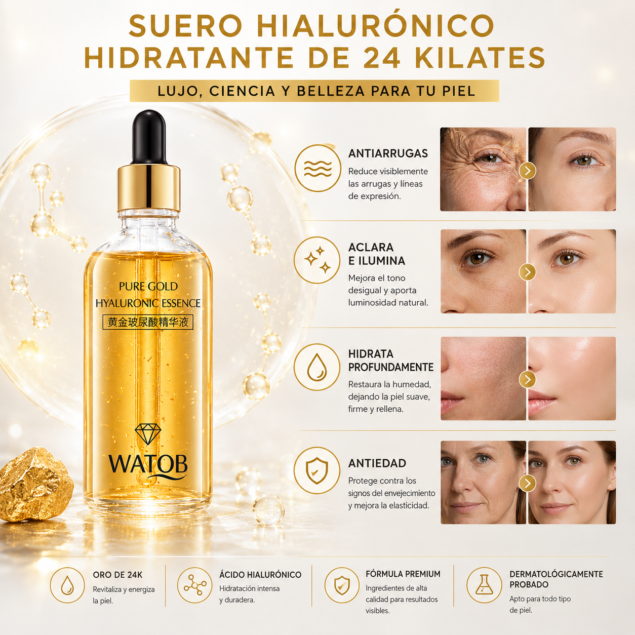 Sérum Facial Oro 24K & Ácido Hialurónico - Antioxidante natural protegiendo la piel de la radiación
