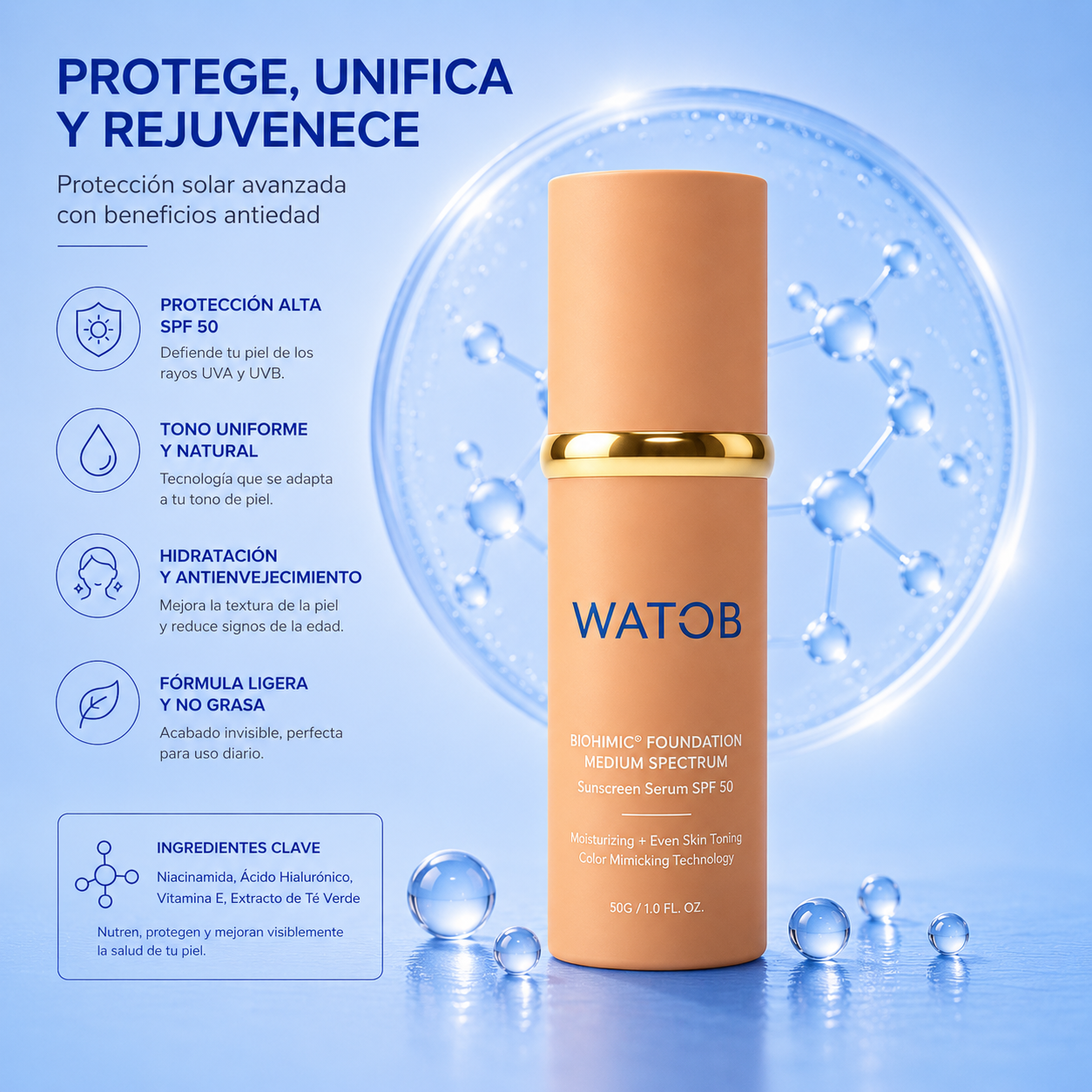 Base de Maquillaje Antiedad con SPF 50 – Se Adapta a tu Tono de Piel
