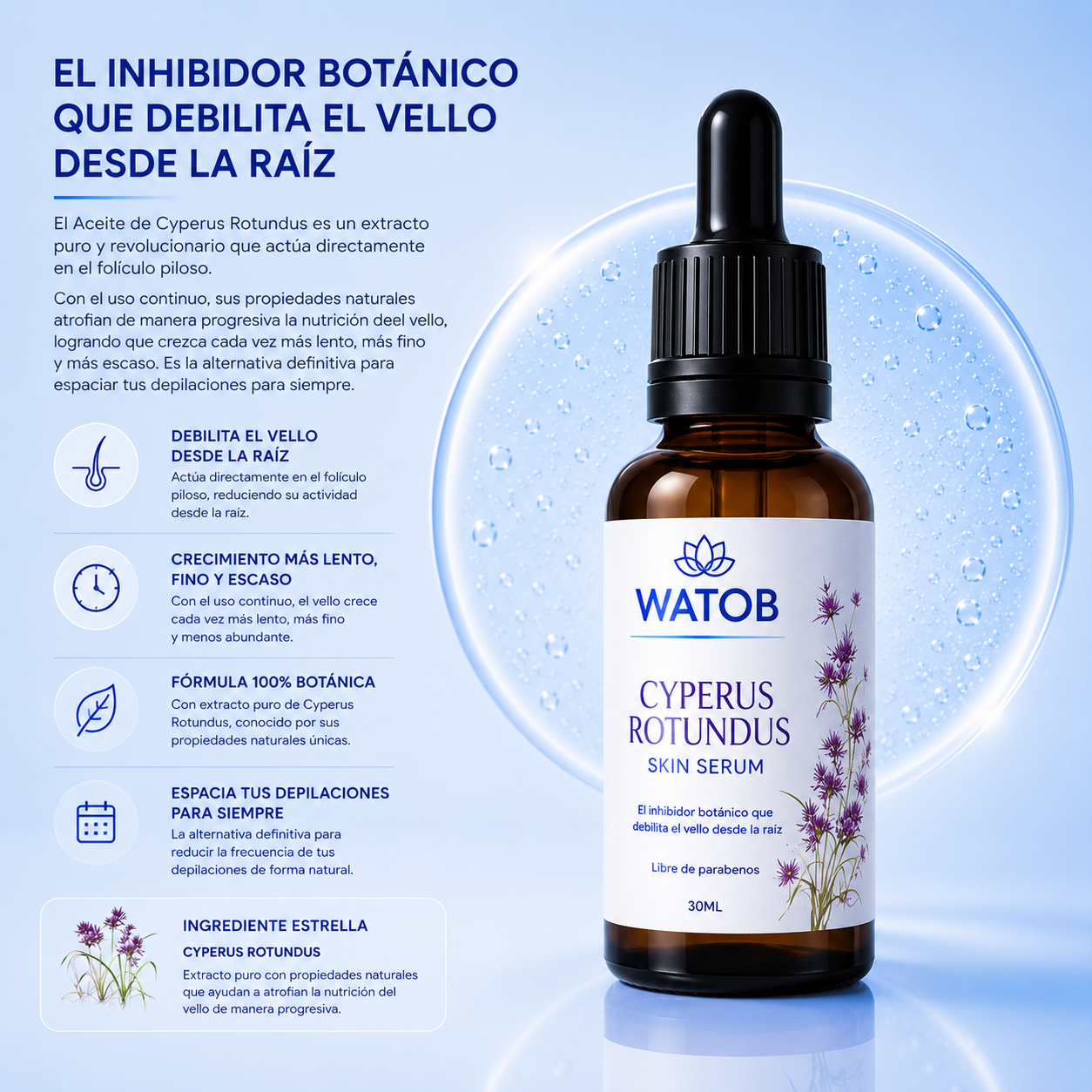 Aceite de Cyperus Rotundus - Dile adiós al vello de forma progresiva y 100% natural
